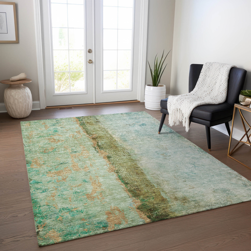 3' X 5' Olive Green And Blue Abstract Washable Indoor Outdoor Area Rug