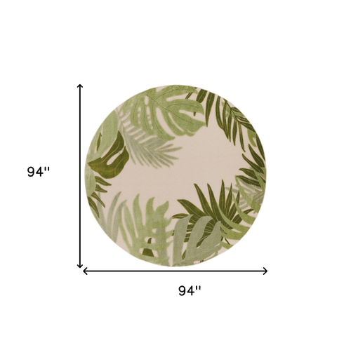 8' Ivory And Green Round Palm Leaf Indoor Outdoor Area Rug