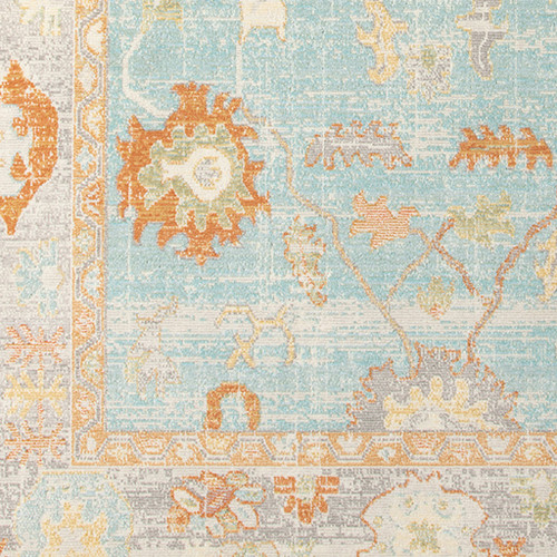 8' X 10' Blue and Orange Floral Stain Resistant Indoor Outdoor Area Rug