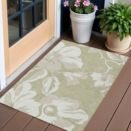 3' X 5' Artichoke Green Ivory And Taupe Floral Washable Indoor Outdoor Area Rug