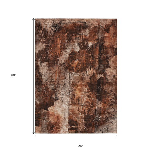 3' X 5' Orange Floral Washable Non Skid Indoor Outdoor Area Rug