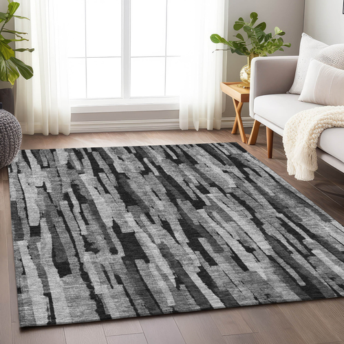 5' X 8' Gray And Black Striped Washable Indoor Outdoor Area Rug