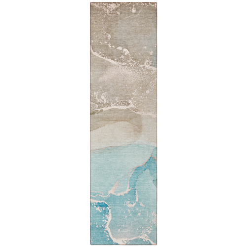 8' Runner Teal Abstract Washable Non Skid Indoor Outdoor Runner Rug