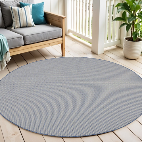 6' Ivory And Blue Round Geometric Indoor Outdoor Area Rug