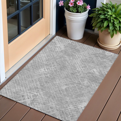 3' X 5' Gray And Silver Geometric Washable Indoor Outdoor Area Rug