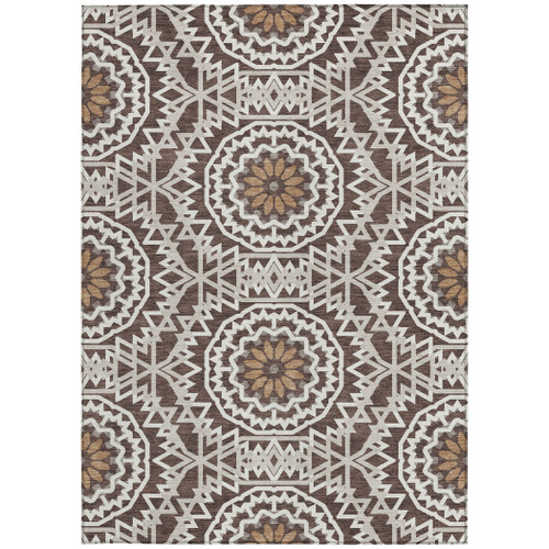 3' X 5' Chocolate Ivory And Taupe Floral Medallion Washable Indoor Outdoor Area Rug