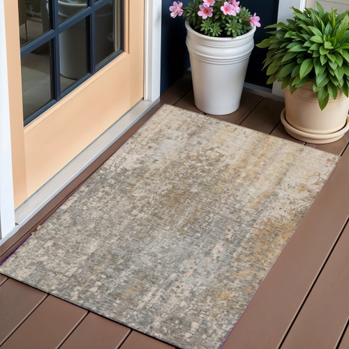 3' X 5' Beige Gray And Taupe Abstract Washable Indoor Outdoor Area Rug