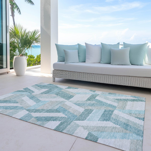 5' X 8' Teal Blue Geometric Washable Indoor Outdoor Area Rug