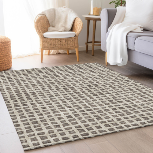 3' X 5' Brown Taupe And Ivory Geometric Washable Indoor Outdoor Area Rug
