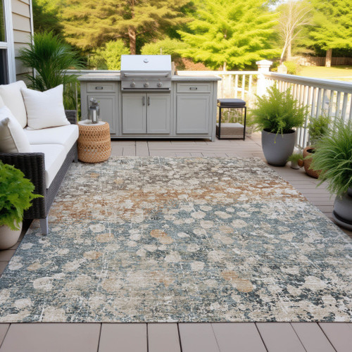 5' X 8' Beige And Copper Abstract Washable Indoor Outdoor Area Rug