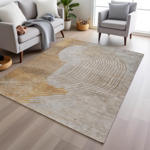 5' X 8' Gold And Ivory Geometric Washable Indoor Outdoor Area Rug - Gold, Ivory