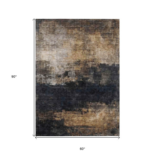 5' X 8' Charcoal Tan And Beige Abstract Washable Indoor Outdoor Area Rug