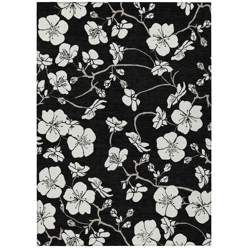 5' X 8' Black Ivory And Gray Floral Washable Indoor Outdoor Area Rug