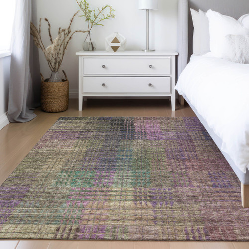 5' X 8' Plum Olive Green And Lavender Abstract Washable Indoor Outdoor Area Rug