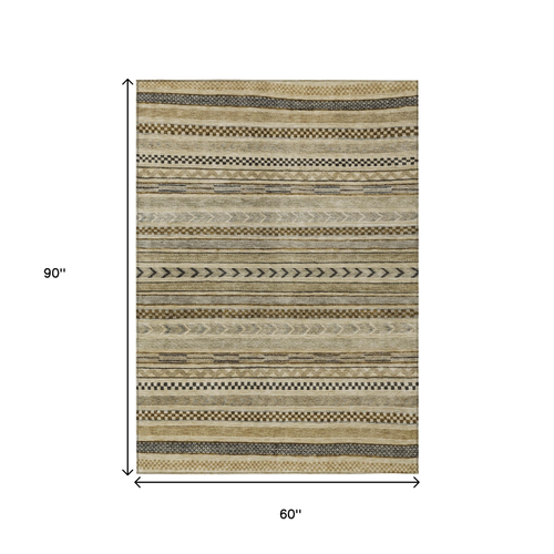 5' X 8' Chocolate And Taupe Striped Washable Indoor Outdoor Area Rug