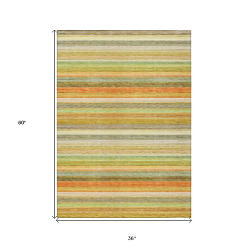 3' X 5' Artichoke Green Striped Washable Non Skid Indoor Outdoor Area Rug