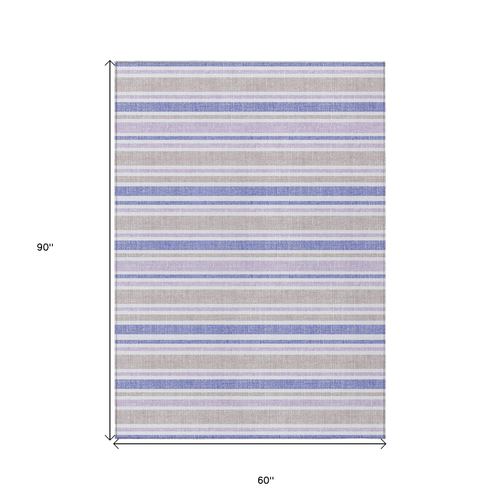 5' X 8' Ivory Blue And Gray Striped Washable Indoor Outdoor Area Rug