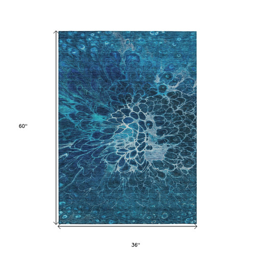 3' X 5' Navy Blue And Sky Blue Abstract Washable Indoor Outdoor Area Rug