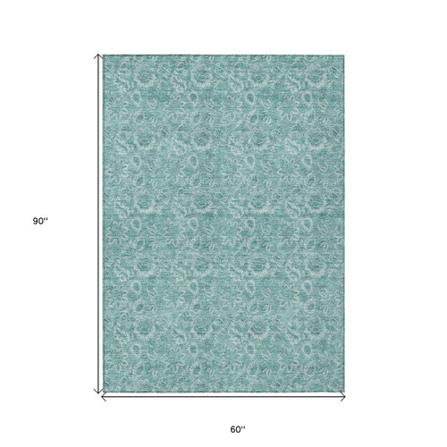 5' X 8' Teal Blue And Aqua Floral Washable Indoor Outdoor Area Rug