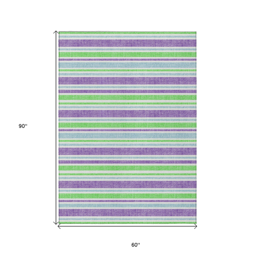 5' X 8' Green Purple and Blue Striped Washable Non Skid Indoor Outdoor Area Rug