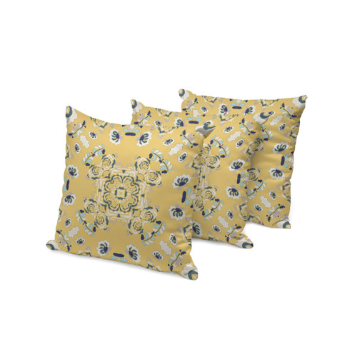 Set of Three 16" X 16" Blue and Yellow Botanical Indoor Outdoor Throw Pillow Polyester Decor