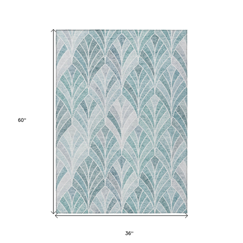 3' X 5' Aqua Mint Green And Silver Geometric Washable Indoor Outdoor Area Rug