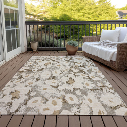3' X 5' Khaki Floral Washable Non Skid Indoor Outdoor Area Rug