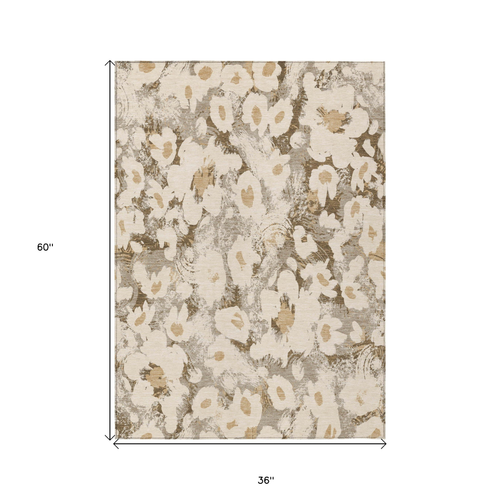 3' X 5' Khaki Floral Washable Non Skid Indoor Outdoor Area Rug