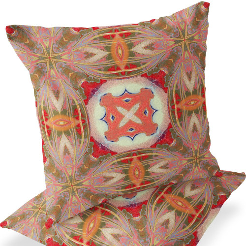Set of Two 16" X 16" Green and Pink Blown Seam Floral Indoor Outdoor Throw Pillow Polyester Modern Style