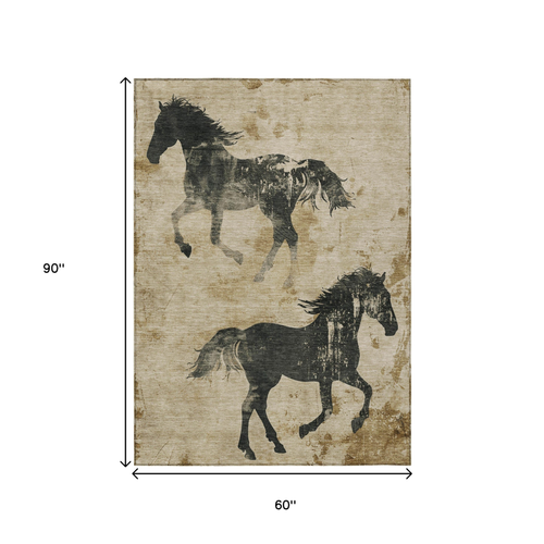 5' X 8' Beige And Charcoal Horse Washable Indoor Outdoor Area Rug