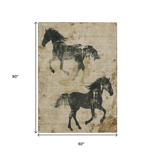 5' X 8' Beige And Charcoal Horse Washable Indoor Outdoor Area Rug