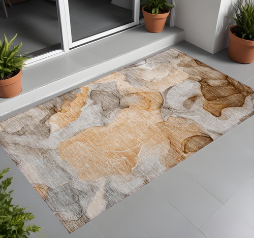 3' X 5' Orange Abstract Washable Non Skid Indoor Outdoor Area Rug