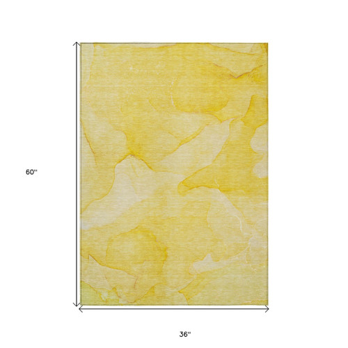 3' X 5' Gold Abstract Washable Non Skid Indoor Outdoor Area Rug
