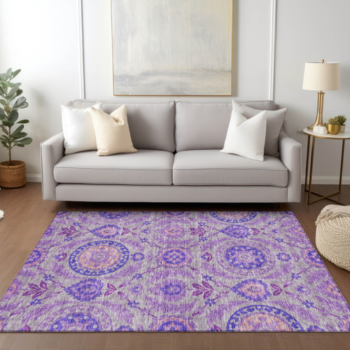 5' X 8' Lavender Lilac And Gray Floral Washable Indoor Outdoor Area Rug