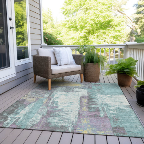 5' X 8' Teal Blue And Ivory Abstract Washable Indoor Outdoor Area Rug - Teal Blue, Ivory