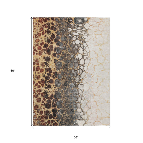 3' X 5' Ivory Gray And Gold Abstract Washable Indoor Outdoor Area Rug