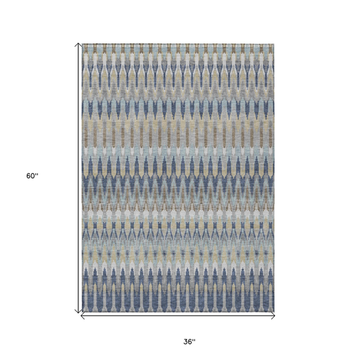 3' X 5' Taupe Navy Blue And Denim Blue Southwestern Washable Indoor Outdoor Area Rug