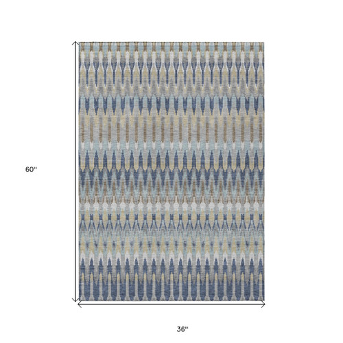 3' X 5' Taupe Navy Blue And Denim Blue Southwestern Washable Indoor Outdoor Area Rug
