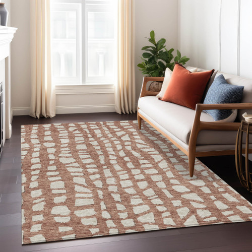 5' X 8' Orange And Ivory Abstract Washable Indoor Outdoor Area Rug