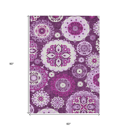 5' X 8' Eggplant And Mauve Floral Medallion Washable Indoor Outdoor Area Rug