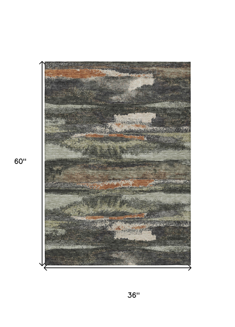 3' X 5' Charcoal Copper And Ivory Abstract Washable Indoor Outdoor Area Rug