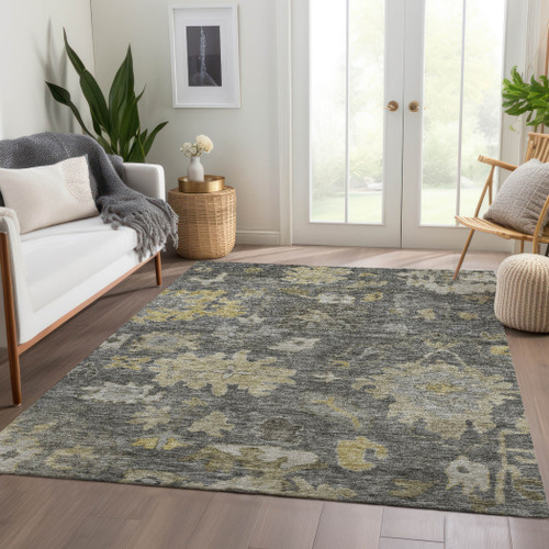 5' X 8' Gray And Charcoal Floral Washable Indoor Outdoor Area Rug