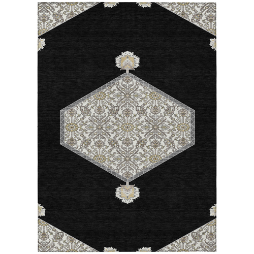 5' X 8' Black Gray And Ivory Oriental Washable Indoor Outdoor Area Rug