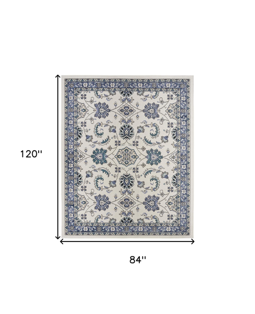 7' X 10' Ivory And Blue Floral Indoor Outdoor Area Rug