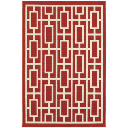 7' X 10' Red and Ivory Geometric Stain Resistant Indoor Outdoor Area Rug