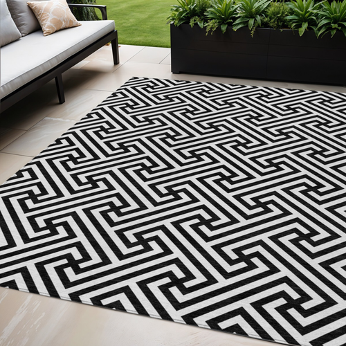 5' X 8' Black And Ivory Geometric Washable Indoor Outdoor Area Rug