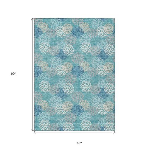 5' X 8' Teal Blue Gray And Ivory Polka Dot Washable Indoor Outdoor Area Rug