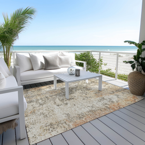 5' X 8' Terra Cotta Beige And Dark Gray Abstract Washable Indoor Outdoor Area Rug