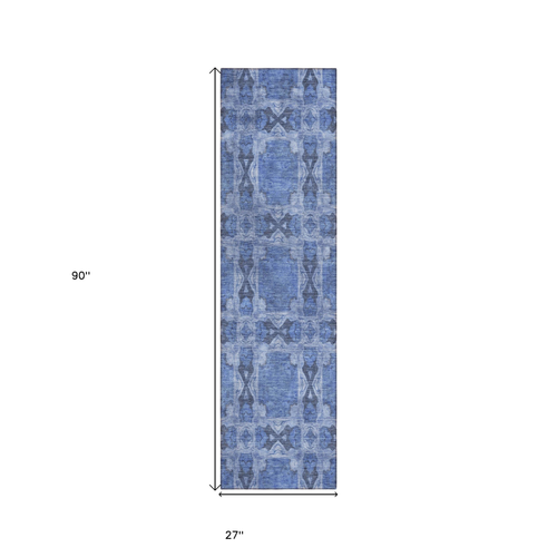 8' Runner Denim Blue and Gray Floral Medallion Washable Non Skid Indoor Outdoor Runner Rug