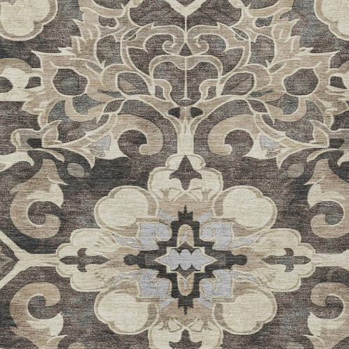 5' X 8' Chocolate And Taupe Damask Washable Indoor Outdoor Area Rug